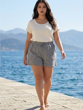 Time and Tru Striped Linen Blend Smocked Waist Shorts, Women's XXL (20)